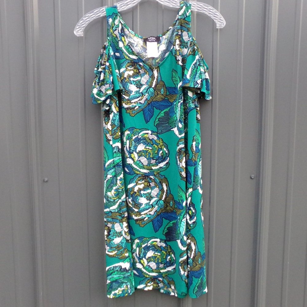 MSK Petite Green Floral Cold Ruffed Short Sleeve Shoulder Dress- Size PS